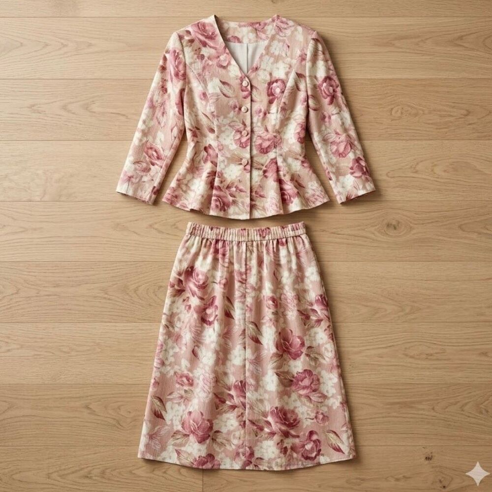 80’s vintage chiffon plissé peplum churchcore conservative matching faux dress 2